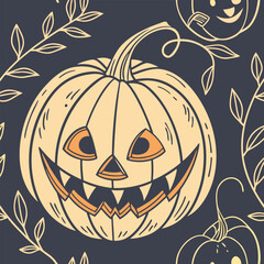 Fun seamless Halloween pattern with glowing jack-o’-lantern faces. Ideal for packaging, textiles, wallpapers, and seasonal backgrounds. Editable vector.