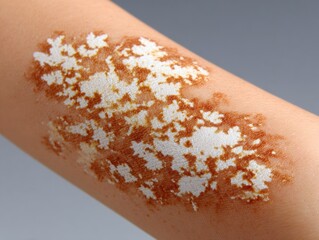 Vitiligo skin condition on forearm with depigmented patches