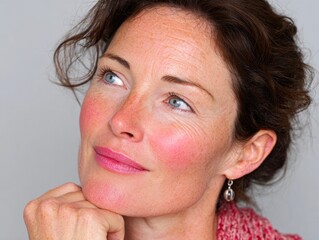 Mature woman with rosacea and flushed red cheeks looking away