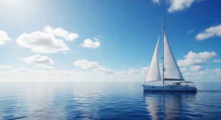 Obraz premium Serene Sailboat Gliding Across A Tranquil Blue Ocean Under A Sunny Sky