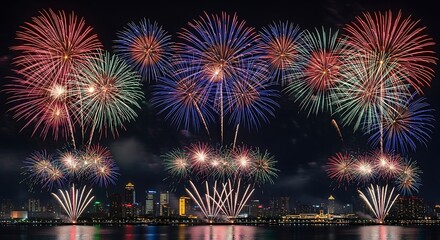 Spectacular Fireworks Display Over City Skyline Reflected in Water at Night.