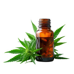 Amber Glass Bottle of Cannabis Oil with Green Marijuana Leaves Isolated on Black CBD oil hemp, Isolated On White, Png Transparent, Cut Out