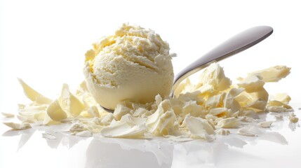 A scoop of creamy vanilla ice cream surrounded by shattered white chocolate pieces.
