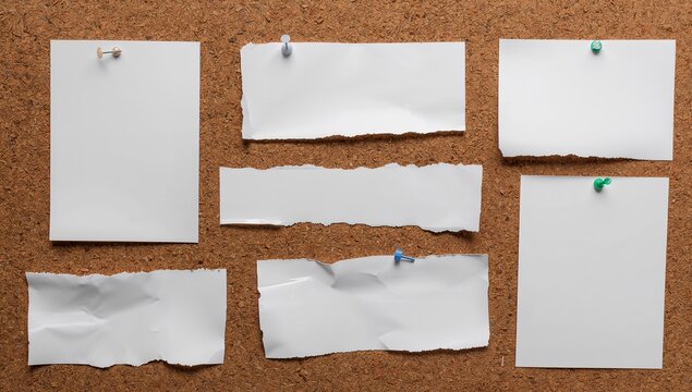 Several blank, torn pieces of paper are pinned to a cork board, creating a simple, neutral arrangement.