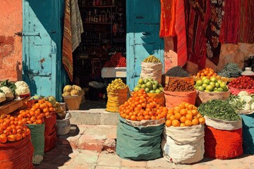 Obraz premium Vibrant painting of traditional fruit market with baskets of fresh produce