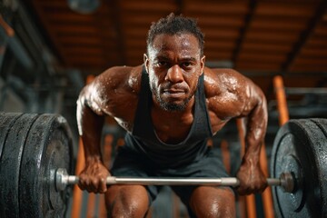 Strong athlete lifting heavy barbell during workout