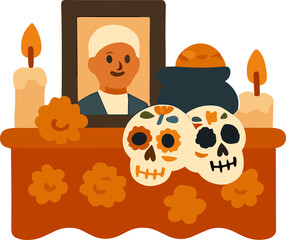 An illustration of a Día de los Muertos altar with candles, marigold flowers, decorated sugar skulls, bread, and a framed portrait.