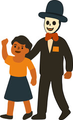 An illustration of a child walking happily beside a skeleton figure in a suit and hat, representing a Día de los Muertos celebration.