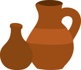 The image shows two traditional brown clay jugs, one tall with a handle and one smaller without, often used for holding water or drinks in Mexican culture.
