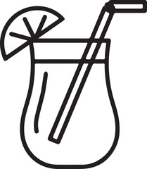 Simple line art icon of a refreshing tropical cocktail with lemon slice and straw