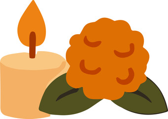 The image shows a Día de los Muertos illustration of a lit candle beside an orange marigold flower with green leaves, symbolizing remembrance and guidance for spirits.