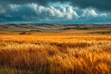 Obraz premium Golden wheat field under dramatic cloudy sky in rural landscape