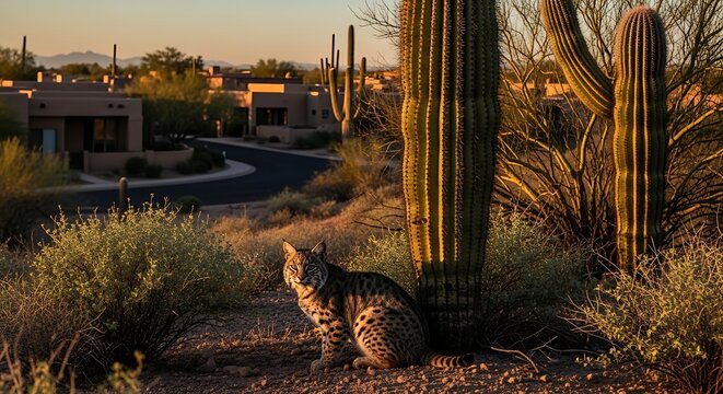 Wild bobcat sitting in the Sonoran Desert at sunset with a residential neighborhood in the background. - Powered by Adobe