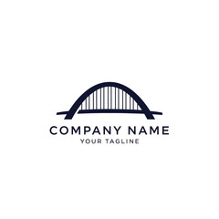 A minimalist logo featuring a dark blue arch bridge with vertical lines, set against a white background, with the text 