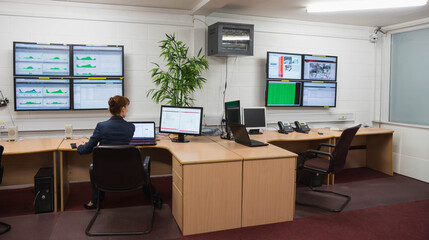 Mid adult woman wearing navy blazer monitoring screens and working on laptops at control room desk