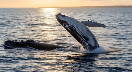 Two Humpback Whales Breach the Ocean Surface at Sunset.