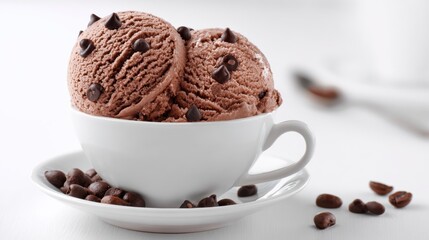 Delicious chocolate ice cream scoops in a white cup, garnished with chocolate chips and coffee beans.