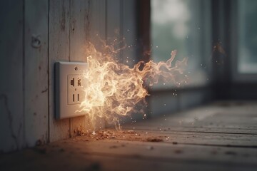 Fototapeta premium A burning electrical outlet on a wooden floor in an empty room