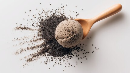 Delicious chocolate ice cream served with sprinkled sesame seeds on a light surface.