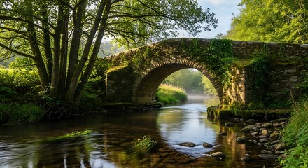 Stone Bridge Over Serene River in Lush Green Landscape.