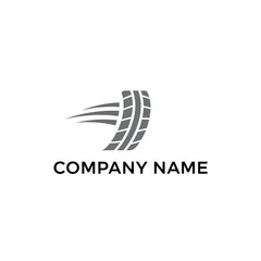 Dynamic grey tire logo with speed lines and placeholder text for a company name, symbolizing motion and automotive services.