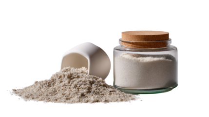 Protein Powder in Jar: A clean, professional photograph presents a transparent glass jar of protein powder with an accompanying scoop, ready to fuel fitness endeavors.
