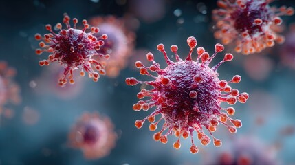 Close-up of red virus cells under microscope in 3D rendering
