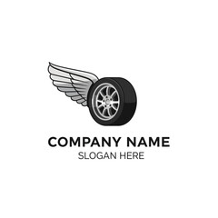 A black car tire with a silver rim and white wings attached, representing speed and mobility, on a white background. This is a logo design.