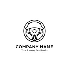 Steering wheel logo design in a circle with company name.