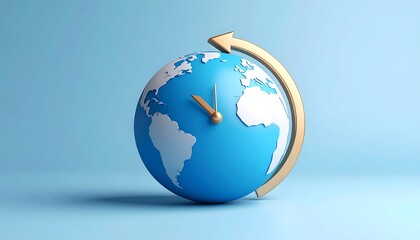 A 3D globe with a clock face and a curved arrow
