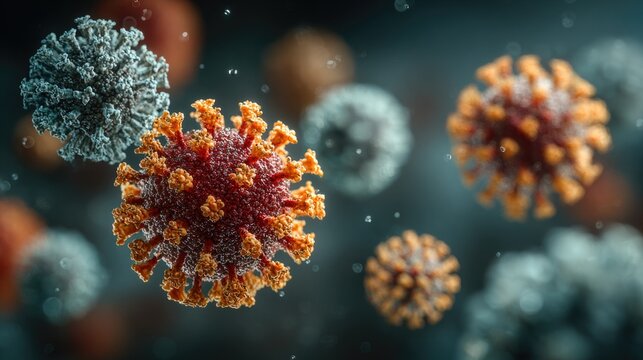 Multiple colorful virus cells floating in microscopic environment