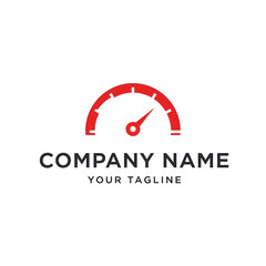 A minimalist logo design featuring a red speedometer or gauge icon, symbolizing speed and performance, with placeholder text for a company name and tagline.