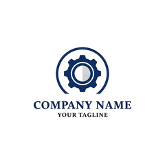 A circular logo featuring a dark blue gear inside a circle, with the text "COMPANY NAME" and "YOUR TAGLINE" below.