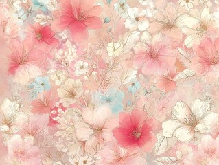 Delicate watercolor seamless pattern with chrysanthemums, daisy, wildflowers in romantic, dreamy spring tones