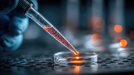 Pipette with red liquid above petri dish in science laboratory