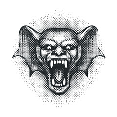 Fototapeta premium Demonic winged face with sharp teeth and an open mouth.