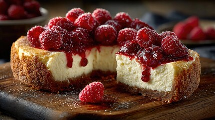 Cheesecake with raspberry sauce and fresh berries