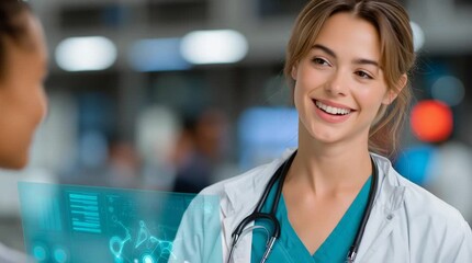 Happy female doctor in scrubs and white coat talking to colleague with digital medical interface - Powered by Adobe