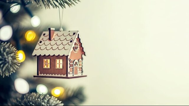 A small gingerbread house ornament hanging on a christmas tree, with blurred lights in the background