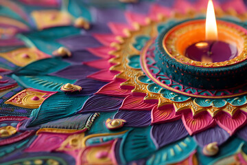 Fototapeta premium Stunning diwali decoration with vibrant colors and a glowing candle, perfect for adding a touch of warmth and festivity to any design project