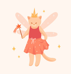 A cute illustration of a beige cat in a fairy costume with wings in a dress with a tiara and a magic wand. Great for card, seasonal print, poster, invitation, sticker