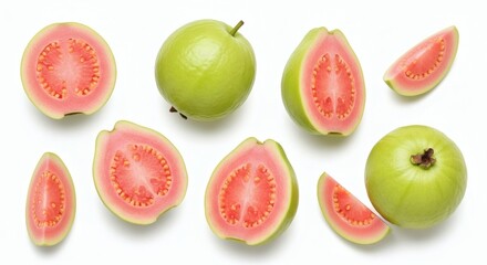 Vibrant pink-fleshed tropical guavas, both whole and neatly sliced, artfully arranged on a pristine white surface, highlighting their natural freshness and healthy qualities