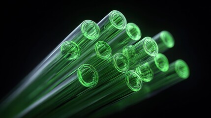 Glowing green neon rings illuminate transparent glass tubes against a black backdrop, creating an abstract display.