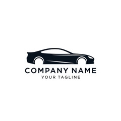 A sleek, black silhouette of a sports car is displayed against a white background, with the words "COMPANY NAME" and "YOUR TAGLINE" printed below.