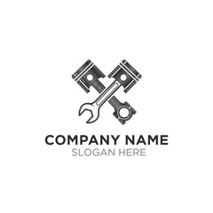 Automotive repair logo featuring pistons and a wrench in a crossed design.