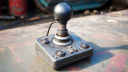Retro metal joystick controller with ball top and toggle switches on a weathered workbench, sharp foreground texture and blurred yard with barrels behind, concept of industrial nostalgia