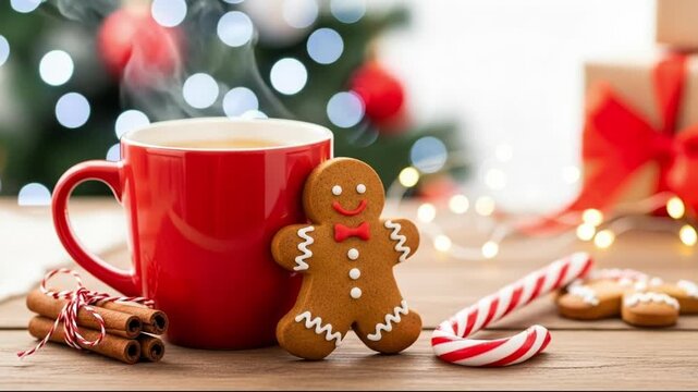 A steaming mug of hot chocolate with a gingerbread man cookie and candy canes on a wooden table with a blurred christmas tree background