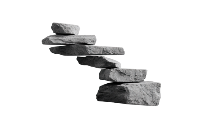 Stones Step: A monochrome image of expertly balanced stones, artfully arranged to mimic the upward journey of steps, conveying notions of progress, stability, and a step by step goal.