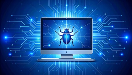 Computer screen with bug, circuit board background