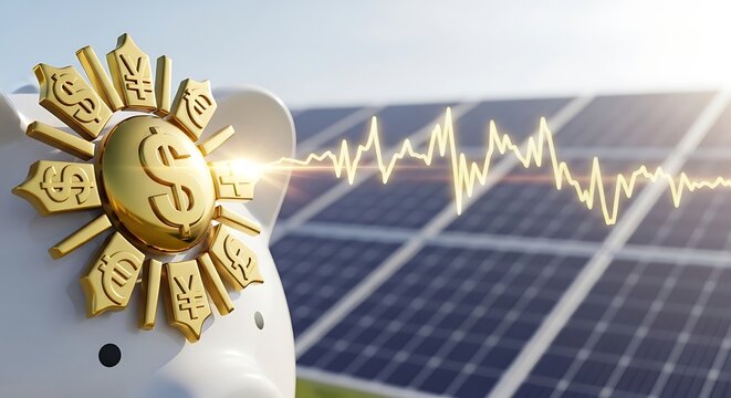 Piggy bank with global currency symbols and a rising graph in front of solar panels symbolizing financial growth